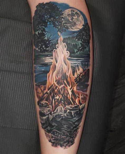 black mother nature tattoo|realistic campfire tattoo.